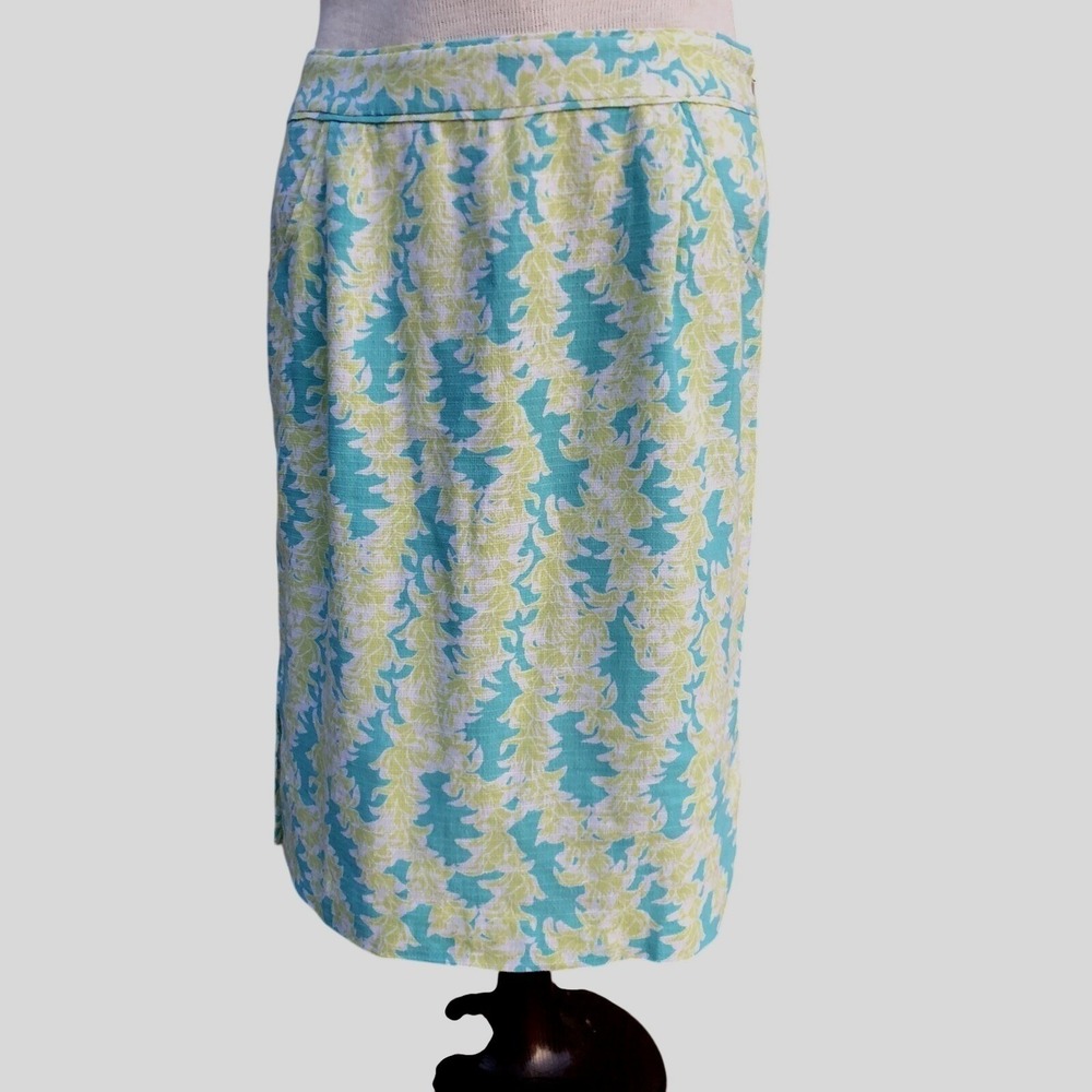 Pendleton Womens Floral Linen Tropical Aqua Green Pockets Pencil Skirt 10 Preppy